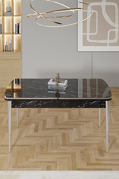 Canisa Rada Serisi 80x132 Açılabilir Lak Panel Siyah Mermer Desen Masa 4 Cappucino Sandalye Krom Detay