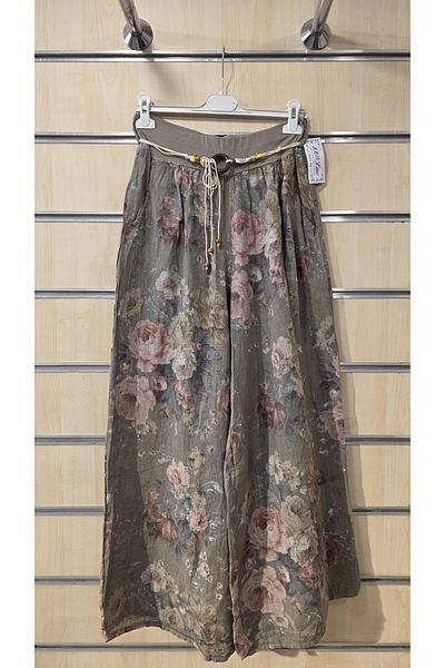Park Moda Pantaloni din in italian cu model de trandafiri cu detaliu de centura
