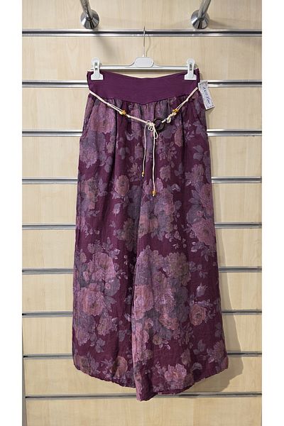 Park Moda Pantaloni din in italian cu model de trandafiri cu detaliu de centura
