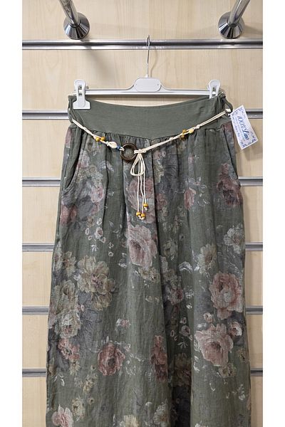 Park Moda Pantaloni din in italian cu model de trandafiri cu detaliu de centura