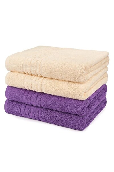 OEM Set 4 hand towels, Cotton, Bicolor, Greek Border, 500g/m², 30x50cm, Ivory-Purple