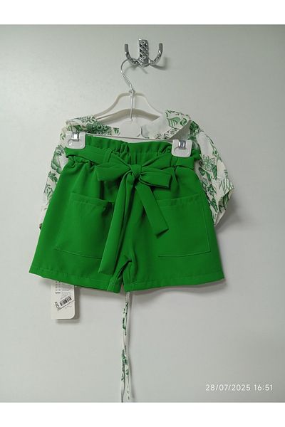 Miss Olix Floral Ruffle Collar Waist Tightening Shirt and Belted Pocket Shorts