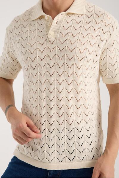 Afri Muška polo majica sa krem zigzag ovratnikom Sa deznom kratkih rukava
