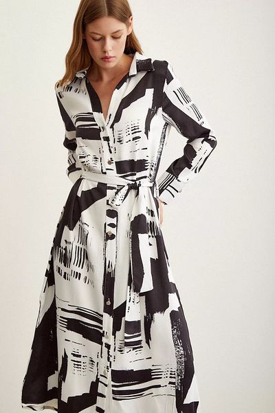 Bak Moda Rochie cămașă neagră cu model cu nasturi în față