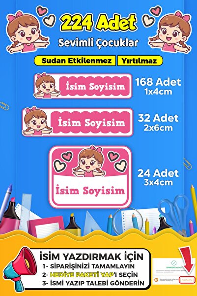 SB store Sevimli Çocuklar Temalı Okul Kreş Kişiye Özel isim Etiket Seti - Mod...