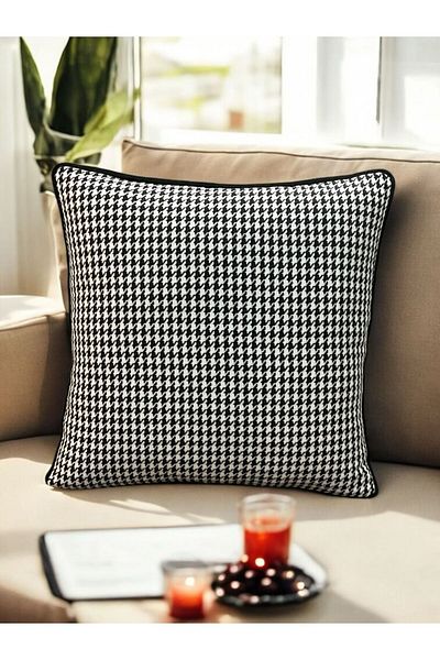 kissen Woven Linen Houndstooth Patterned Black-White'Piping' Throw Pillow Cover
