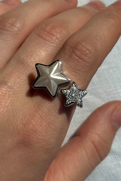 TAKIŞTIR Silver Color Star Figured Pearl and Stone Detailed Adjustable Ring
