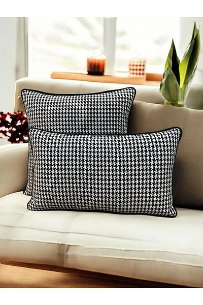 kissen Woven Linen Houndstooth Patterned Black-White'Piping' Throw Pillow Cover