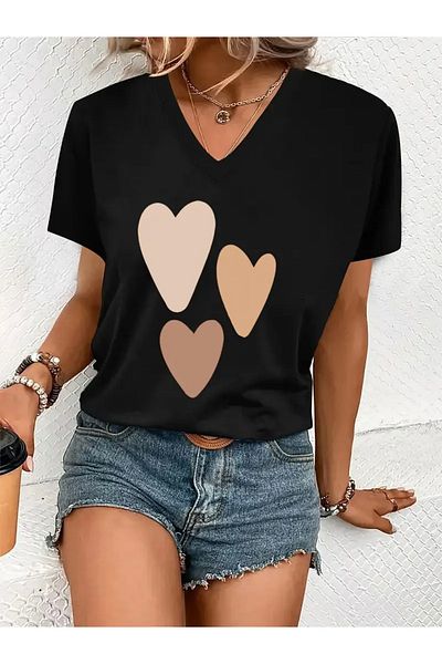 FUFLUNS Heart Turtles Printed Women's Oversize V-Neck T-Shirt