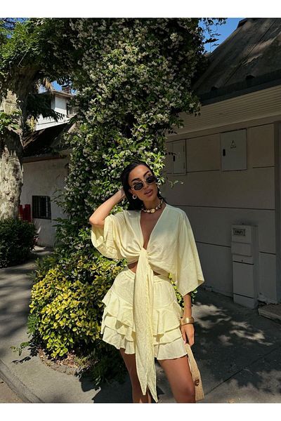 Fym Shorts Skirt Kimono Suit-Yellow - S
