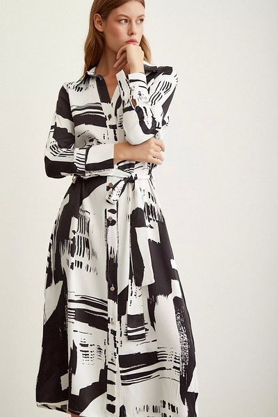 Bak Moda Rochie cămașă neagră cu model cu nasturi în față