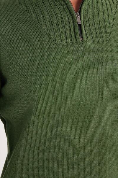 Tudors Erkek Slim Fit Dar Kesim Armürlü Fermuarlı Yeşil Dik Yaka Kazak