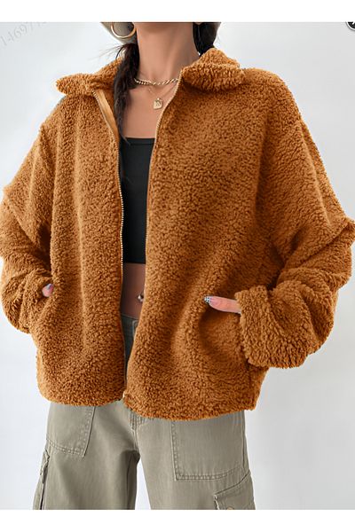 Purpleclo Women's Zippered Plush Teddy Cardigan
