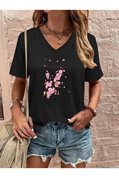FUFLUNS تي شيرت نسائي كبير الحجم برقبة على شكل حرف V مطبوع عليه زهور