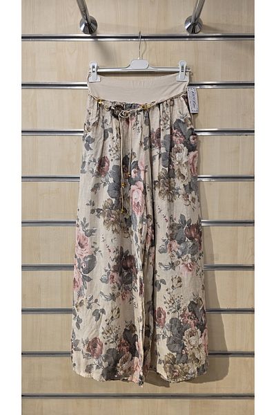 Park Moda Pantaloni din in italian cu model de trandafiri cu detaliu de centura
