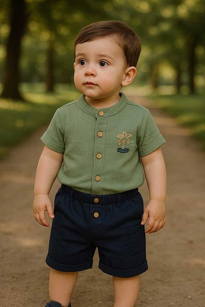 CEVVALMİNİMEN Linen Shirt and Gabardine Shorts Double Set (Embroidered, Pockets)