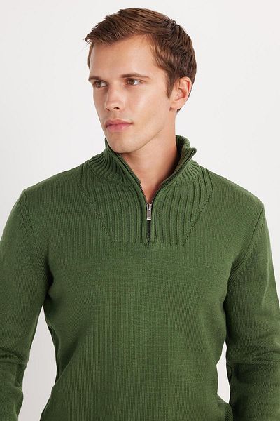 Tudors Pulover pentru bărbați, slim fit, cu fermoar, verde, cu guler vertical