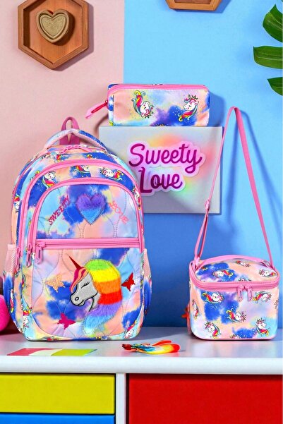 Shopiolog Set de 3 ortopedice pentru școala primară pentru fete, cu suport pentru creion, geantă de prânz, cu 3 compartimente, cu biberon