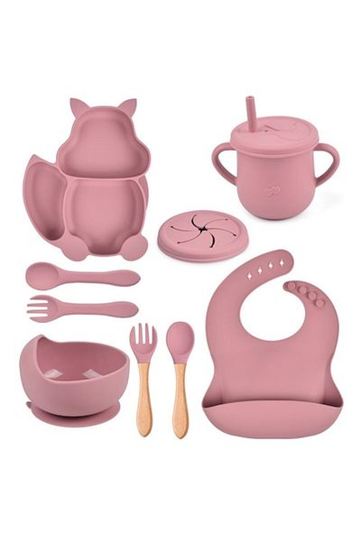 Dali Set accesorii diversificare bebelusi, farfurie/bol cu ventuza, cana cu pai sau pentru gustari, bavet