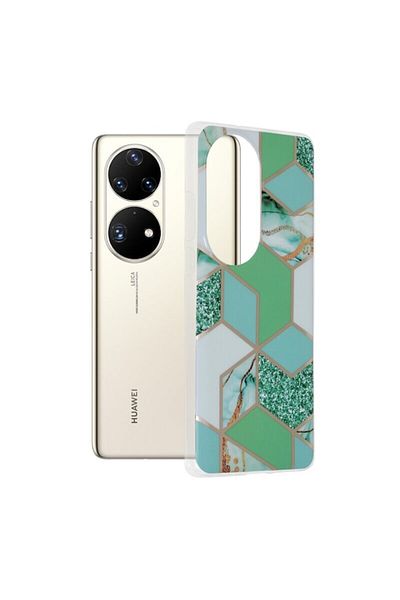 Dali Protective Case Compatible with Huawei P50 Pro, Marble Series, TPU, Green Hex, Multicolor