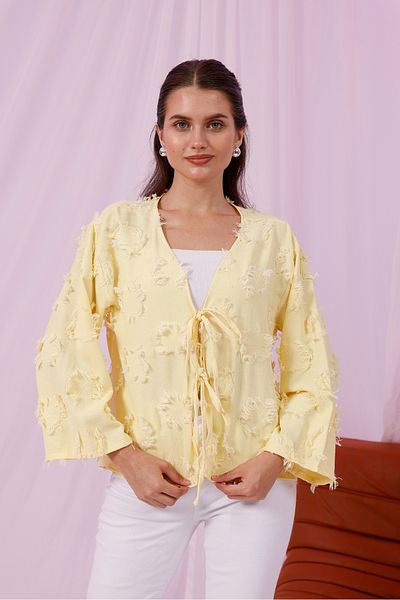 Moda Palmiss Women's Yellow Tassel Detailed Tie-Up Kimono