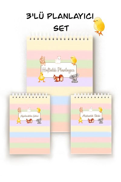 Handeto Kraft Cute Animals 3-Piece Turkish Planner Set, Weekly Planner, Habit Tracker, Daily Planner