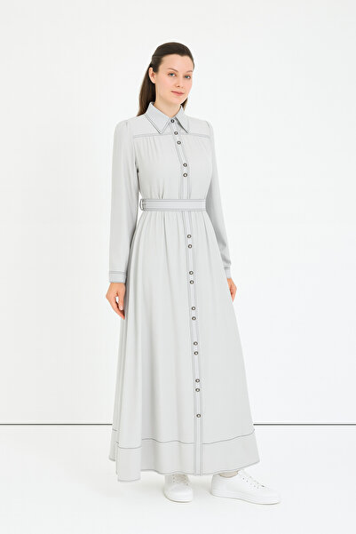 Doque 63029 GÖMLEK YAKA BOYDAN DÜĞMELİ KOLLARI MANŞETLİ BELİ BAĞLAMALI DİKİŞ GÖRÜNÜMLÜ ELBİSE #03-25#