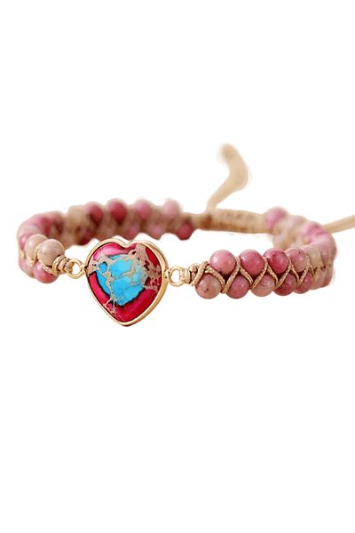 Belora Handmade Double Heart Chakra Energy Bracelet, Stone, Adjustable - Red/Blue