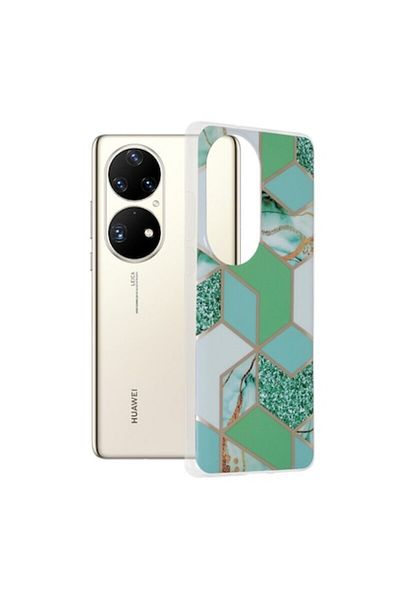 Dali Protective Case Compatible with Huawei P50 Pro, Marble Series, TPU, Green Hex, Multicolor