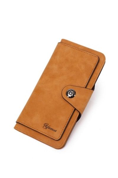 OEM Portofel mediu de damă, Yamei, piele ecologică premium, închidere cu capsă, maro caramel