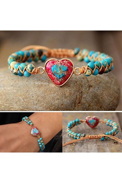 Belora Handmade Double Heart Chakra Energy Bracelet, Stone, Adjustable - Red/Blue