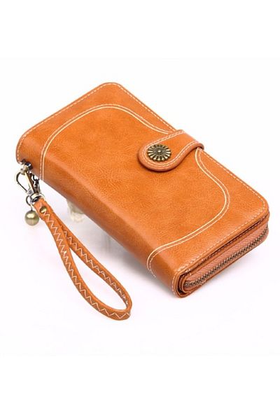 OEM Portofel de damă, din piele premium cu curea, maro caramel, 190x100x40 mm
