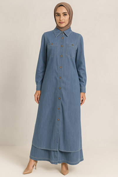 Doque 56089 ÖNDEN DÜĞMELİ ÇİFT CEPLİ PANTOLONUN BELLİ LASTİKLİ SPOR KOT TAKIM #03-25#