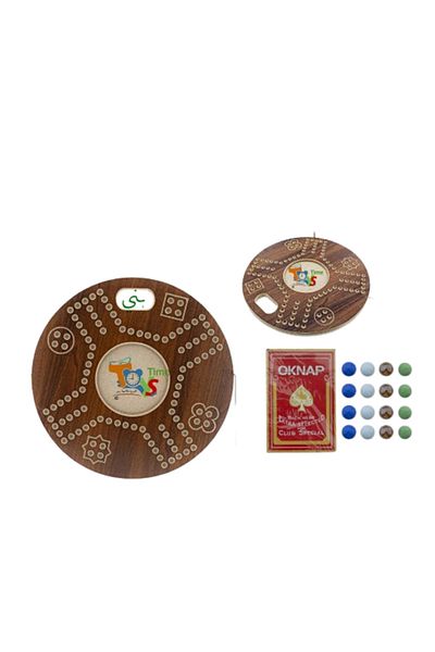 TİME Round Wooden Jackaroo Board Game – 44 cm with Playing Cards and Colored Marbles