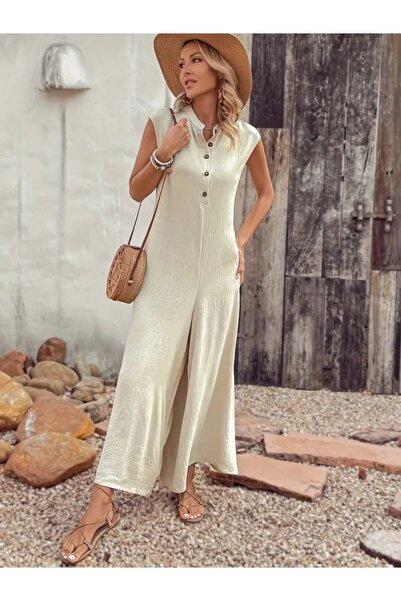 Welsoft Lbwomen's Short Sleeve Buttoned Hemline Wide Pockets Long Wrap Dress/Jumpsuit