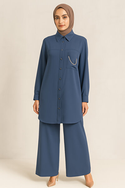 Doque 56123 ÖNÜ DÜĞMELİ GÖMLEK YAKA CEBİ ZİNCİRLİ KOL UCU MANŞETLİ KREP TAKIM #04-25#