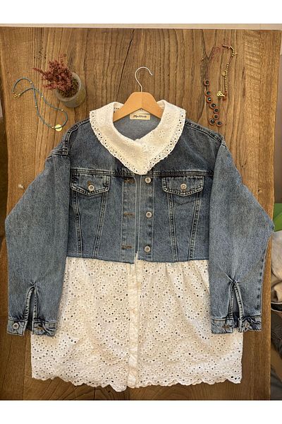 boutich Women's Lace Detail Jean Look Special Design Denim Jacket - Shirt Collar