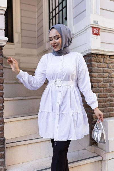 Hb Harma Time Butik Women's Buttoned Belt Detailed White Shirt