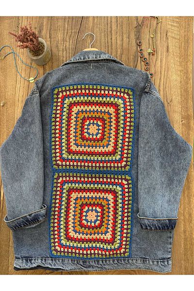 boutich Women's Handmade Knitted Detail Oversize Denim Jacket – Vintage Bohemian Design