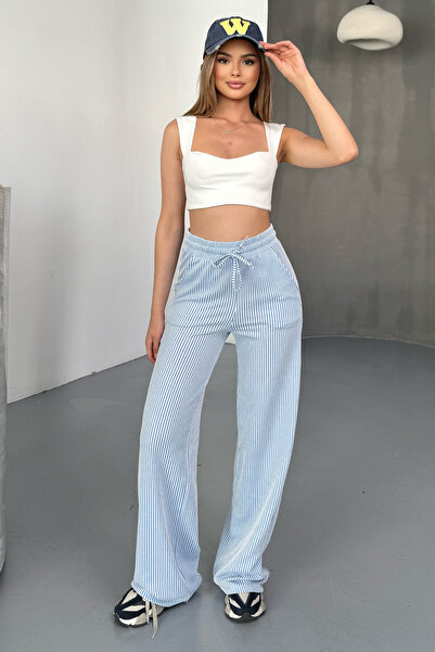 Dolcha Stria Kadın Çizgili Lastikli Bol Paça Mavi Pantolon – Yazlık Rahat Stil ve Günlük Şıklık