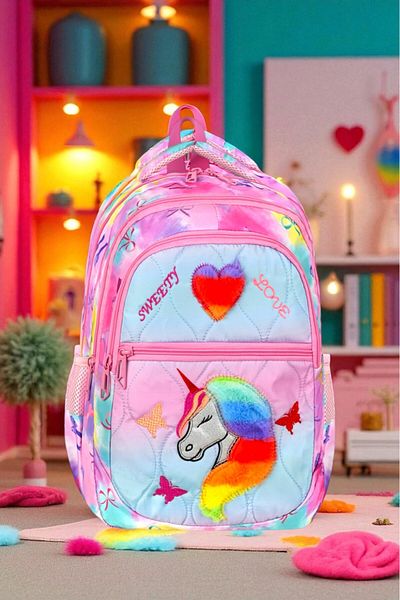 Shopiolog Girl's Primary School Orthopedic Set of 3 Pen Holder Lunch Bag with 3 Compartments Water Bottle