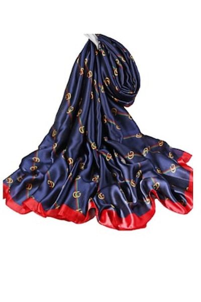 OEM Eșarfă de damă, mărime mare, multicoloră, bleumarin cu diverse forme, 90x180 cm