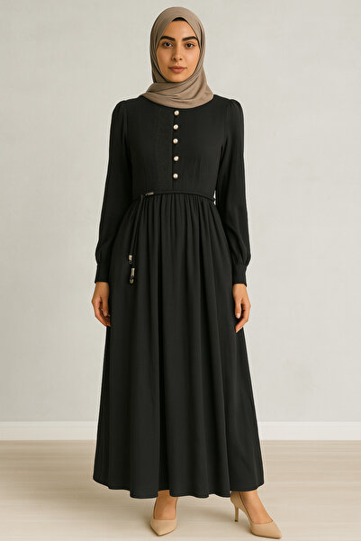 Doque 63094 ÖNÜ İNCİ DETAYLI BELİ BAĞLAMALI KOL UCU TÜYLÜ KETEN ELBİSE #04-25#