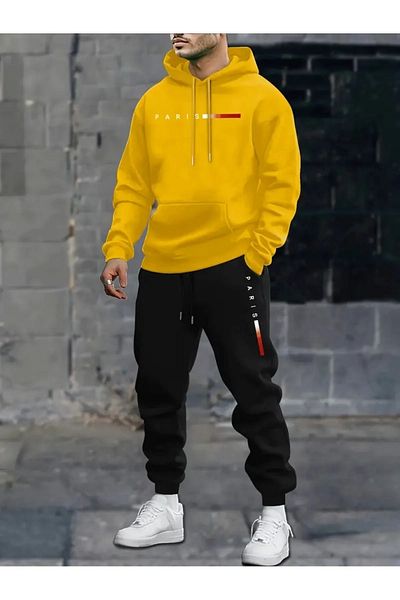 DAXİS Sportwear Company Men's Paris Printed Hooded Tracksuit Set - Relaxed Fit Plus Size Tracksuit Set