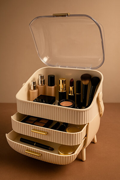 MAKRİ HOME Krem Renk Kapaklı Makyaj Organizeri–3 Katlı, Şeffaf Kubbeli, Çekmeceli ve Taşınabilir Düzenleyici