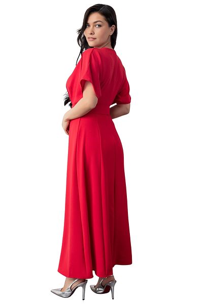 Modasultan Crew Neck Pleated Bat Sleeve Belted Front Slit Midi Dress