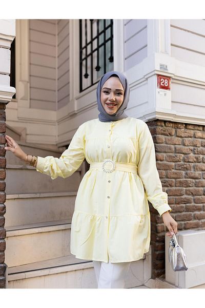 Hb Harma Time Butik Women's Buttoned Belt Detailed Yellow Shirt