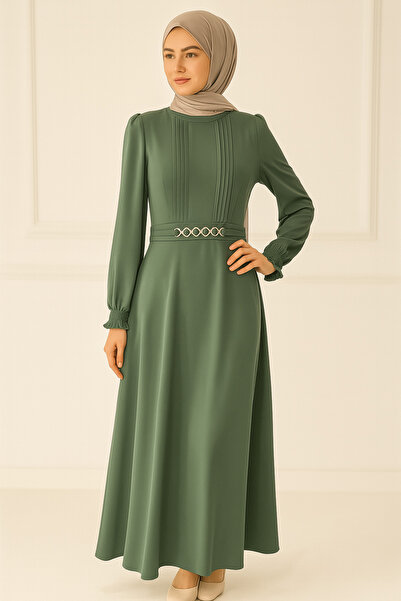 Doque 63097 SIFIR YAKA GÖĞSÜ PİLELİ KOL UCU LASTİKLİ KREP ELBİSE #04-25#