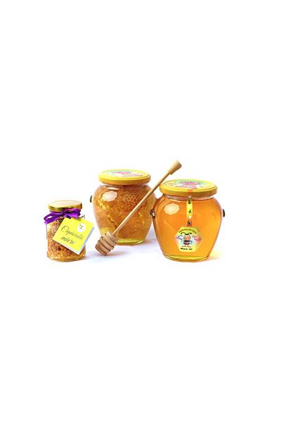 OEM Set Produs Apicol 1 Borcan cu miere tei 750 grame + 1 Borcan faguri in miere tei 750 grame + 1 Bat m