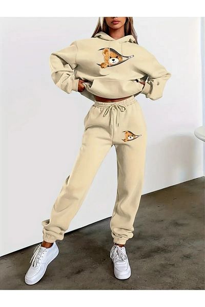 DAXİS Sportwear Company Women's Bear Print Hooded Tracksuit Set - Hooded Sweatshirt Bottom Top Set